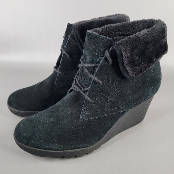 Donald J Pliner Maxxi Ankle Boots Wedge Lace Up Black Suede Size 8 M Faux Fur - Picture 1 of 14